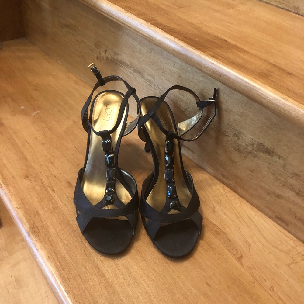 Loft, black jeweled, and golden heels.